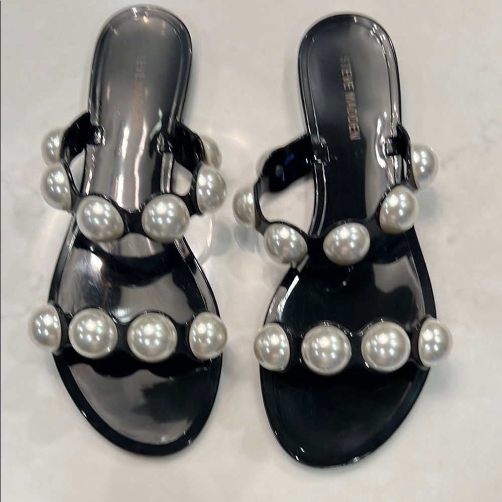 Steve Madden Black Pearl Embellished Jelly Slides